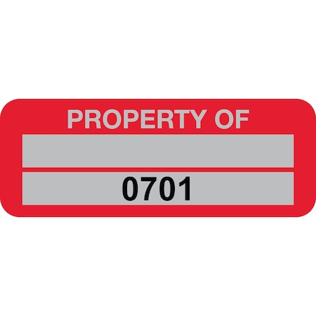 Lustre-Cal Property ID Label PROPERTY OF5 Alum Red 2in x 0.75in 1 Blank Pad&Serialized 0701-0800, 100PK 253740Ma2Rd0701